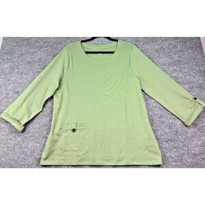 Appleseed’s Women’s L Green 100% Cotton 3/4 Sleeve Knit Top Button Cuff Pocket